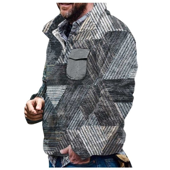 Mens Sweatshirt Diamond Geometric Print Reversible Plush Hoodless Long Sleeve Casual Pullover
