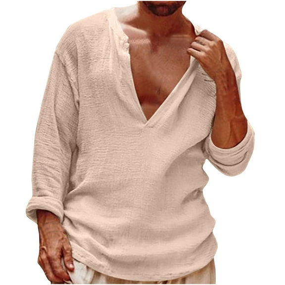 ZCFZJW Mens Cotton T-Shirts Casual Solid Color Long Sleeve V Neck Plain Tees Shirt Loose Comfy Baggy Linen Tshirt Tops Beige XXXL