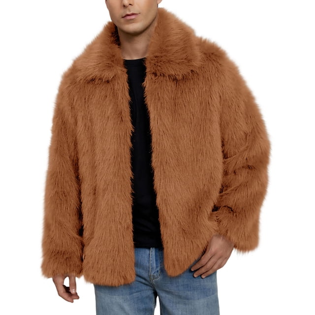 WRKEKC Men's Faux Fur Long Coat High Neck Thermal Insulated Winter Jacket Windproof Heavyweight with Deep Pockets for Extreme Cold Weather Urban Winter Fashion Brown M
