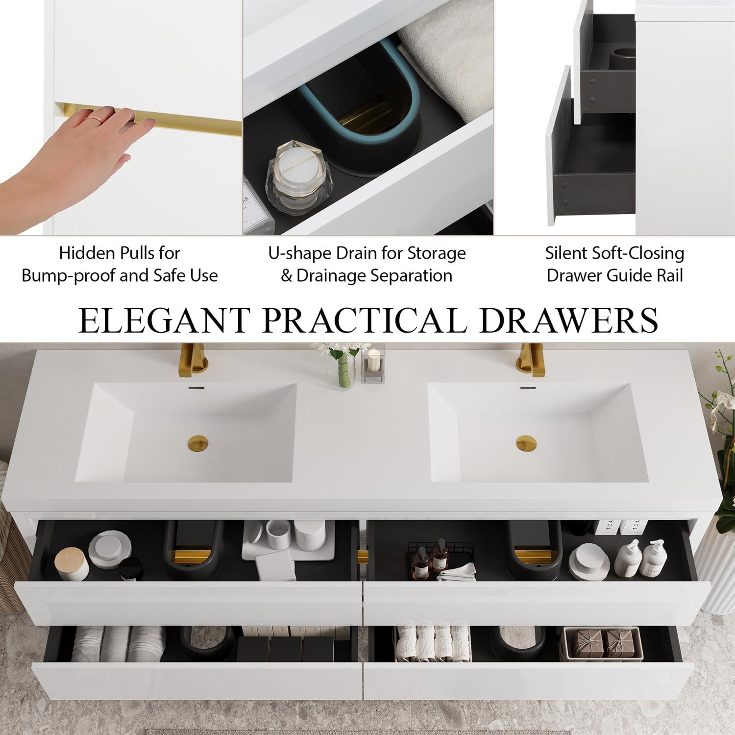 Demi Bonn 70" Wall-Mounted Bathroom Vanity with Sink, Stone Resin Countertop and 4 Soft Close Drawers, Faucets and Drains Not Included, White