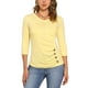 thumbnail image 1 of Blusa de mujer con fruncidos Inspire Chic, decoración de botones, cuello en V, manga 3/4, top de punto sólido, 3XL, amarillo claro, 1 of 6