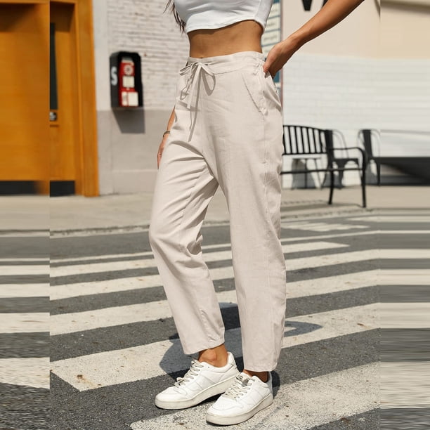 WILLBEST Pantalones Casuales de Lino Ajustados para Mujer, con Cintura Elástica y Cordón Ajustable para Mayor Comodidad y Estilo. Chica