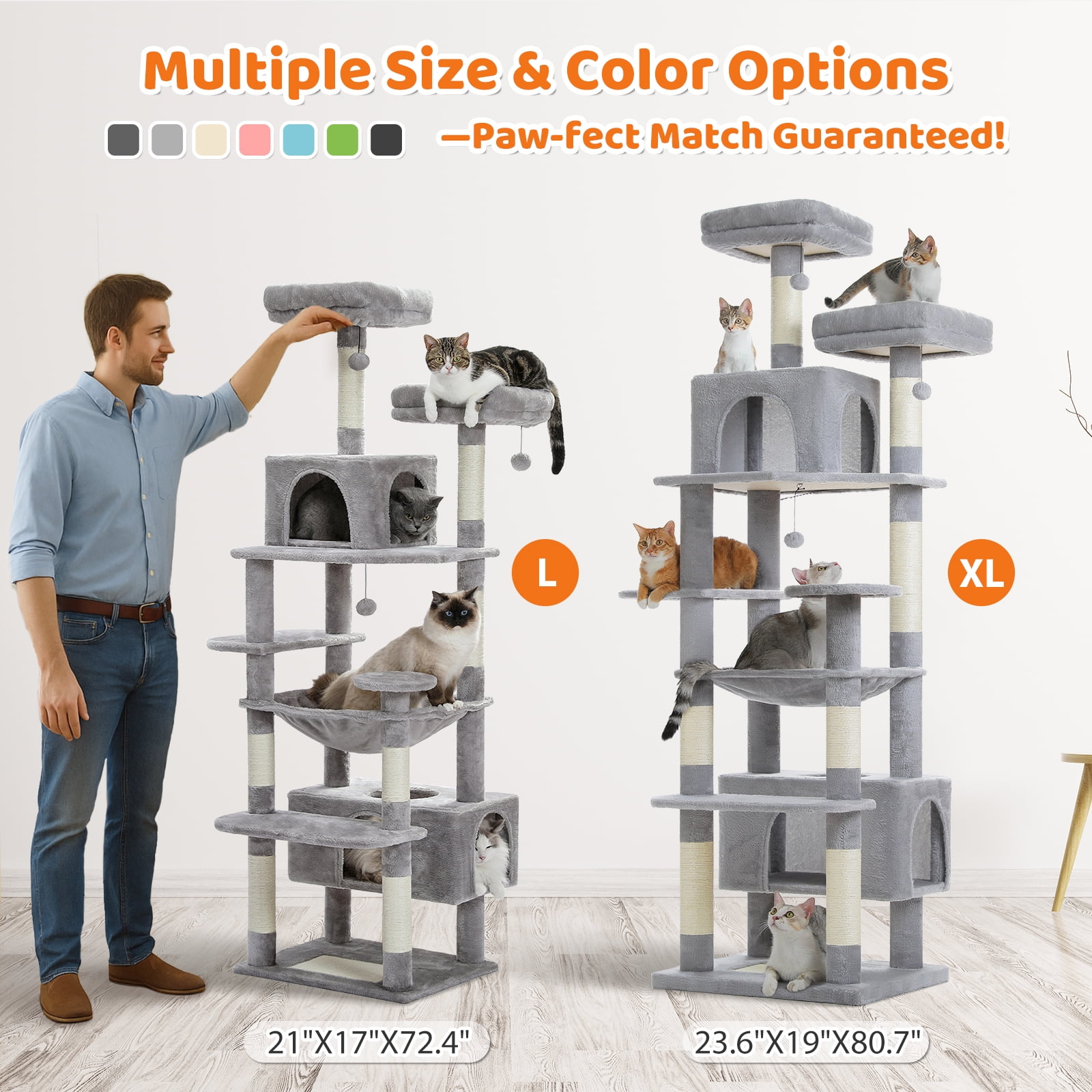 Pefilos 81" Tall Cat Tree for Large Cats, Heavy Duty Cat Tower with 2 Perches, 2 Condos and Spacious Hammock, Large Condo with 7 Scratching Posts, Gray