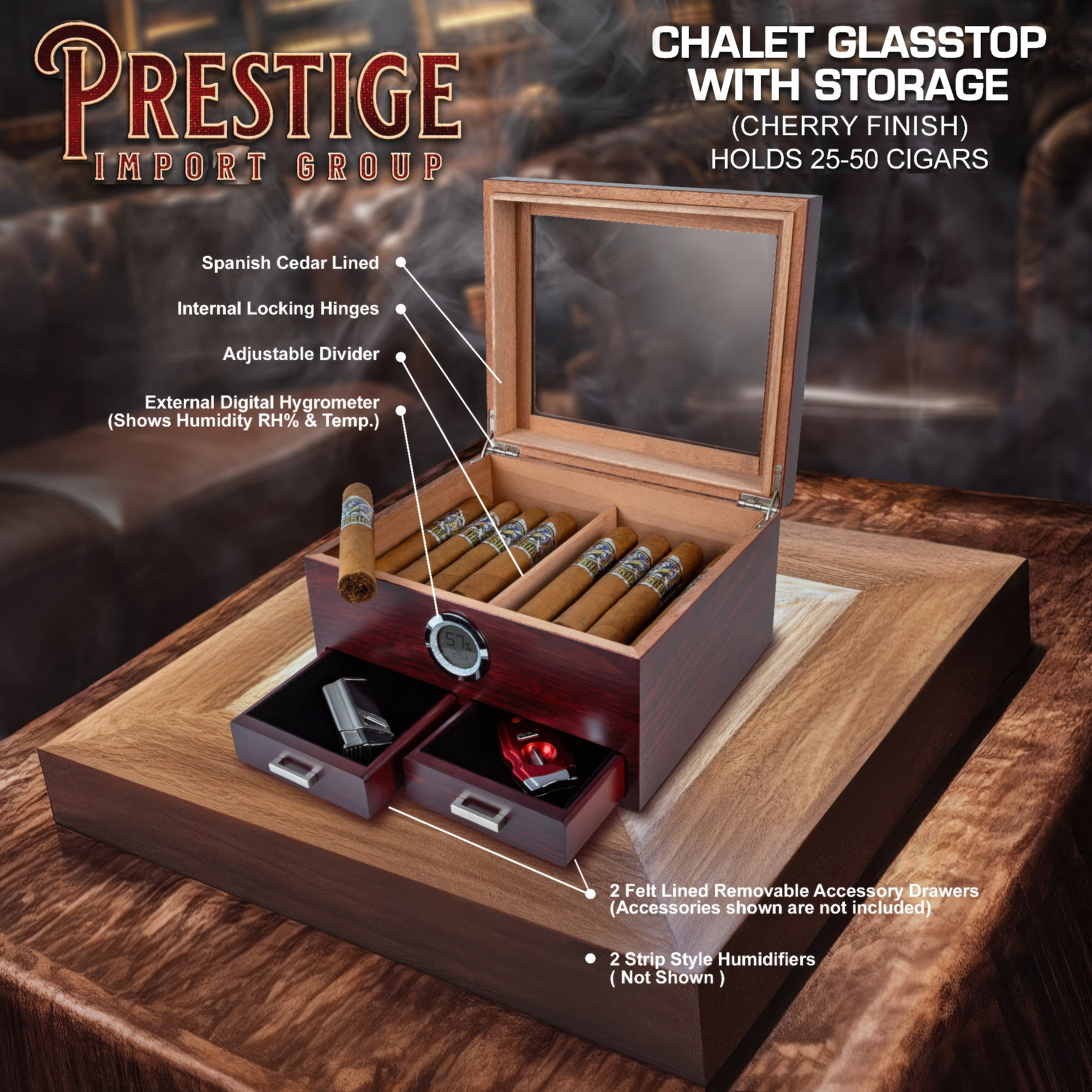 Prestige Import Group Chalet Glass Top Cigar Humidor with Digital Hydrometer & 2 Storage Drawers - 25 to 50 Capacity - Color: Cherry