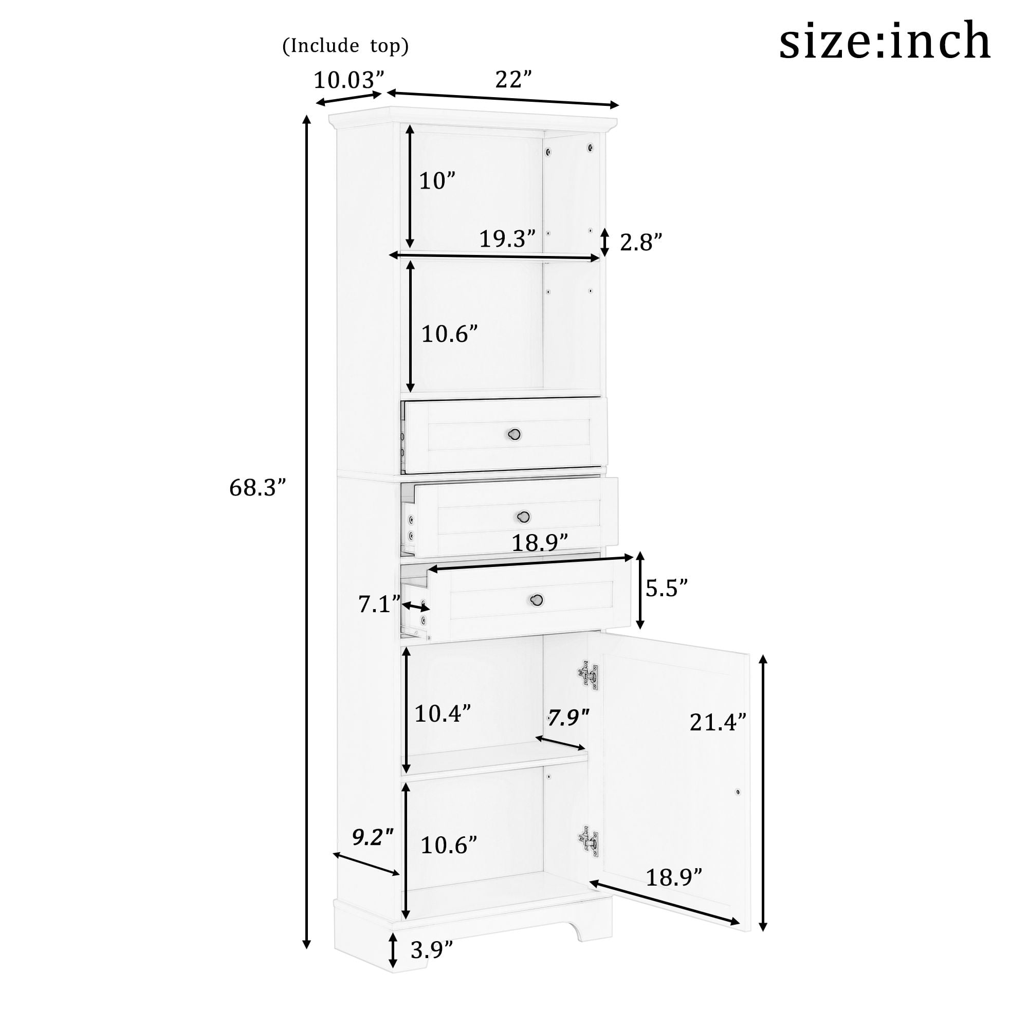 DEALTOPS Tall Storage Cabinet with 3 Drawers and Open Storage for Living Room, Bathroom, White