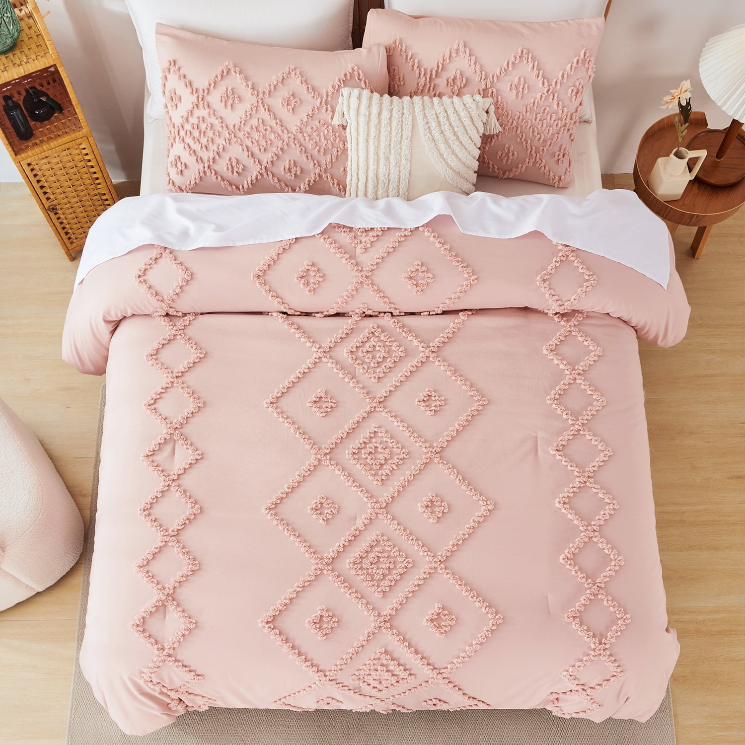 RYNGHIPY Pink Diamond Jacquard Comforter Set Queen 3 Pcs Bohemian Tufts Quilt Set for Kids Girls Adult 100% Soft Microfiber Bedding Set (Queen, Pink)