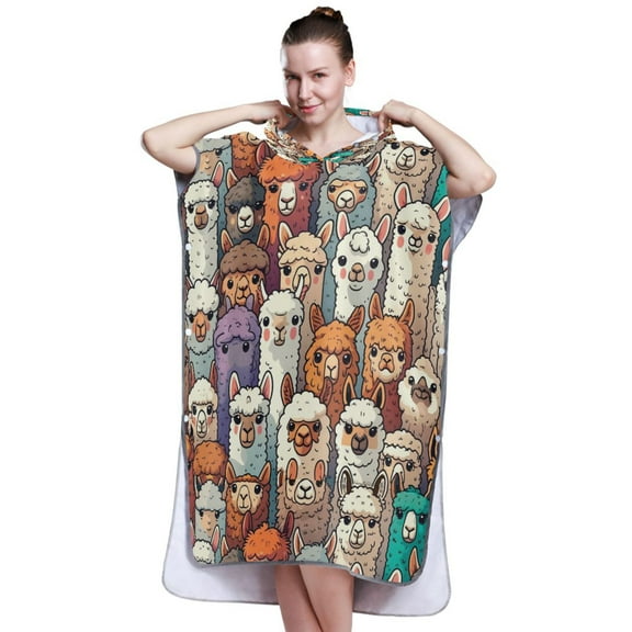 Hooded Beach Towel Adult Bath Poncho Towels Soft Absorbent Quick Dry for Surf Swim Pool Men Women Teens Alpaca Llama Animal Faces
