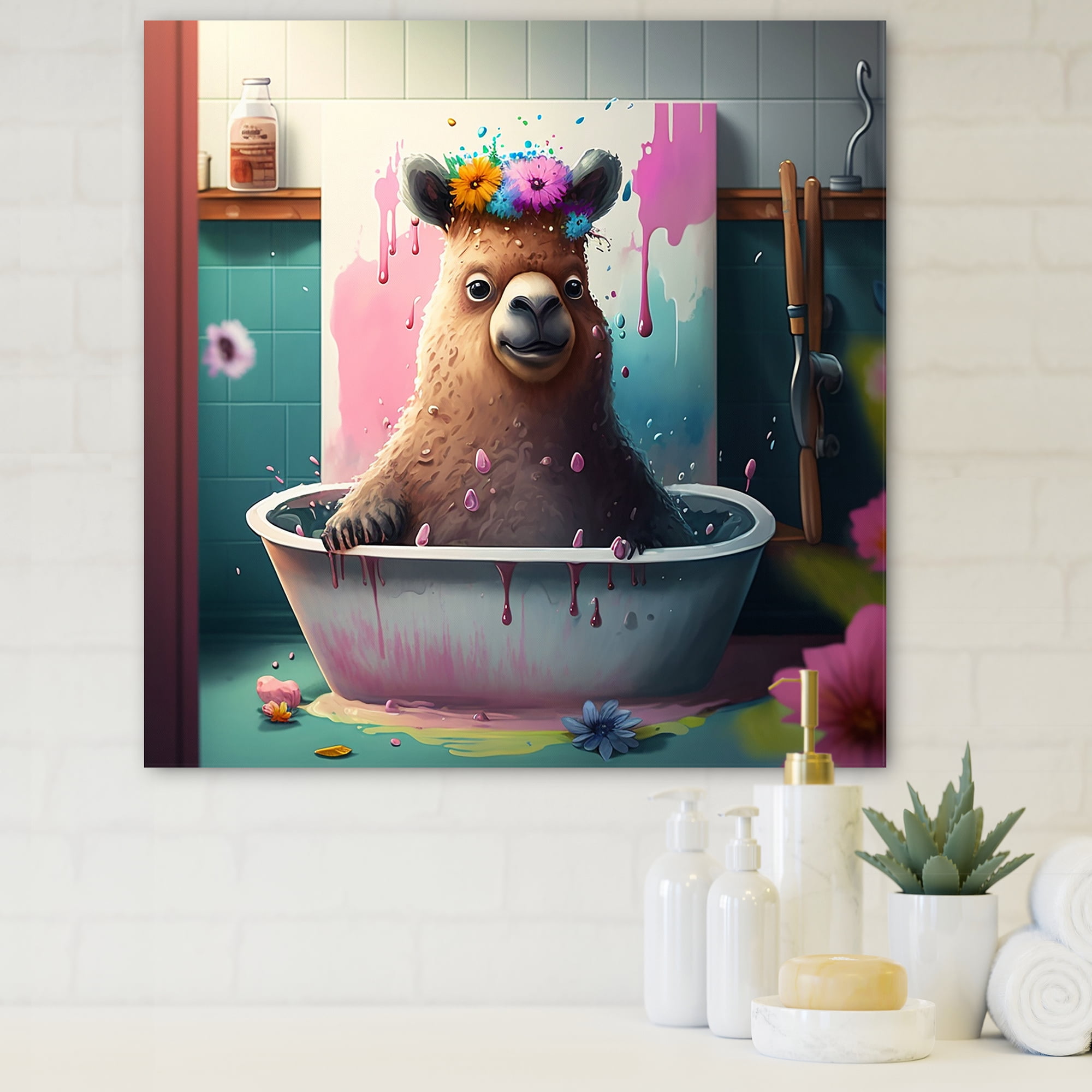 Designart Llama Making A Mess In The Tub I Canvas Wall Art