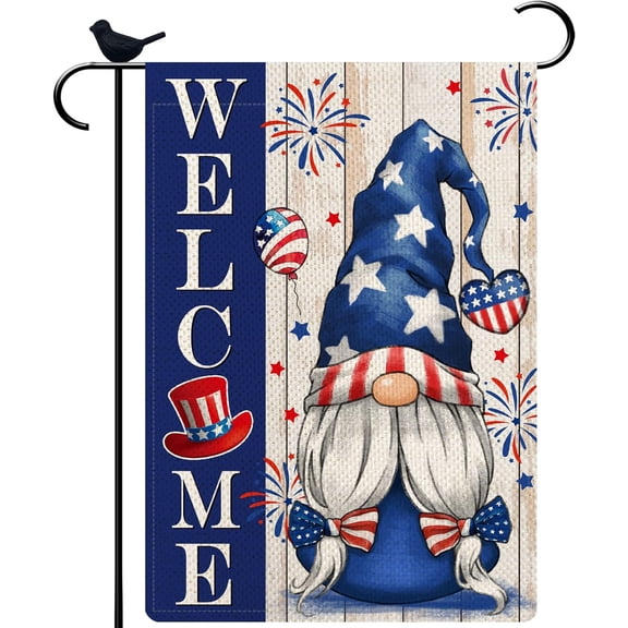 Patriotic American Star and Strip Floral Welcome Gnome Garden Flag 12.5x18 Double Sided Garden flag 4th of July Independence Day Memorial Day Gnome Yard Outdoor Decor