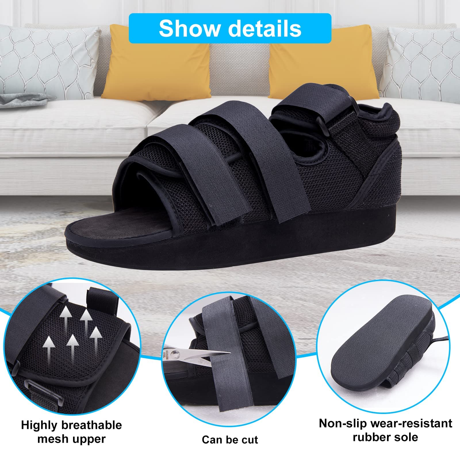 Post Op Shoe - Lightweight Medical Walking Shoes with Adjustable Strap - Orthopedic Recovery Cast Shoe for Post Surgery, Fractured Foot, Injured Toes, Stress Fracture, Sprains - Left or Right Foot - image 5 of 7