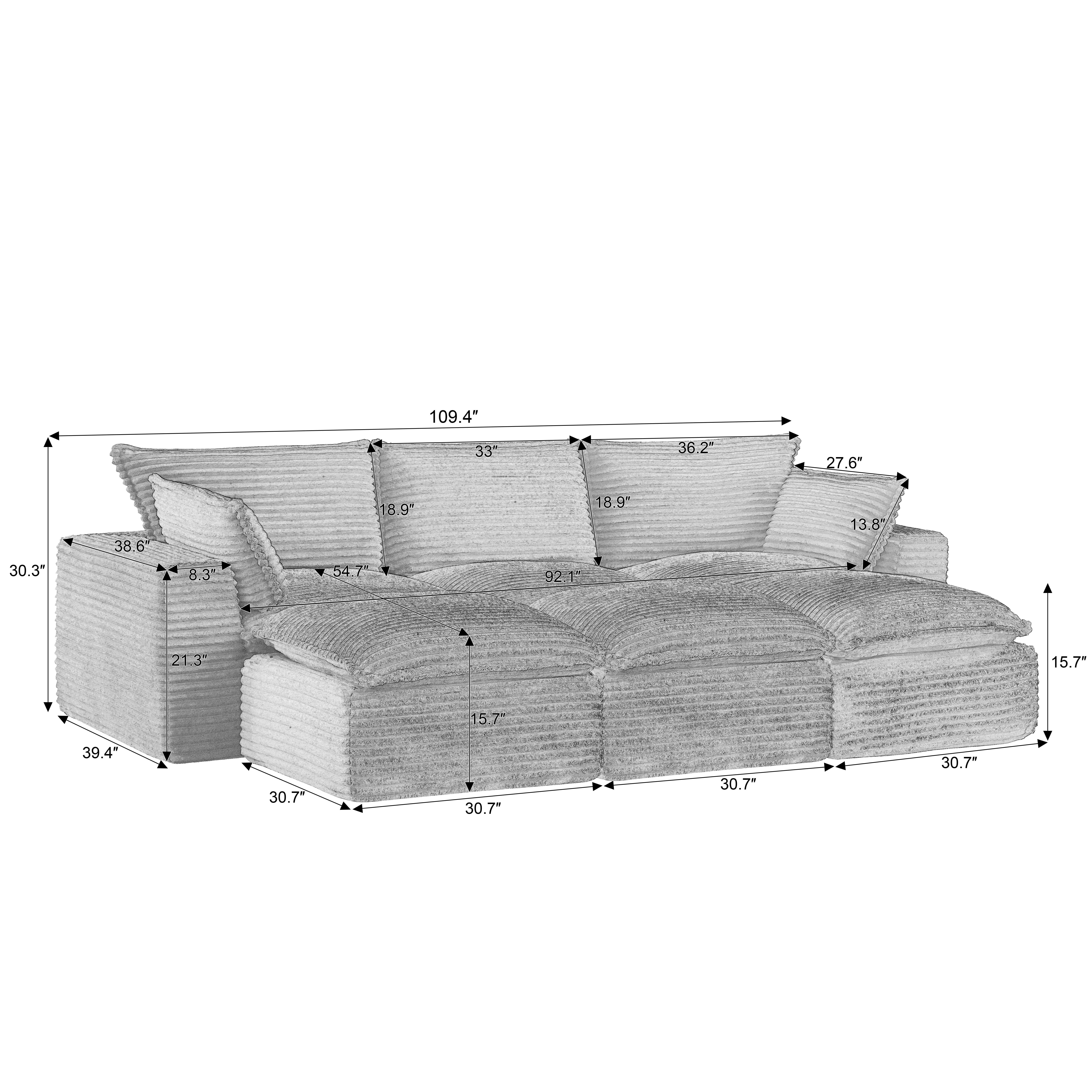 MAYEERTY Corduroy Oversized Sectional Sofa, Cloud Convertible Couch for Apartment & Living Room, Dark Gray