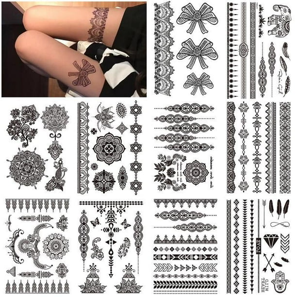 10 hojas de pegatinas de tatuajes temporales negras para adultos, mujeres, niñas, plumas, mandala, arte floral, cuerpo, brazo, tatuajes grandes, hoja de encaje, tatuajes temporales de boda