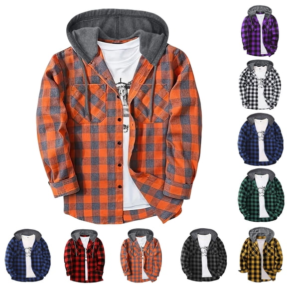 Men's Fashion Trend Checkered Hooded Sportswear, Casual Long Sleeve Sweatshirt, Street Style Top for Urban Outings, Christmas, Fall Winter, Stylish Daily Wear,Blue,L
