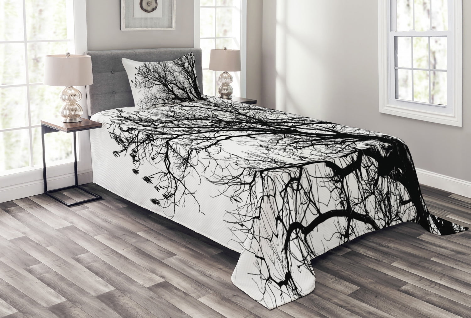 Nature Bedspread Set Twin Size, Leafless Autumn Fall Tree Branches Tops