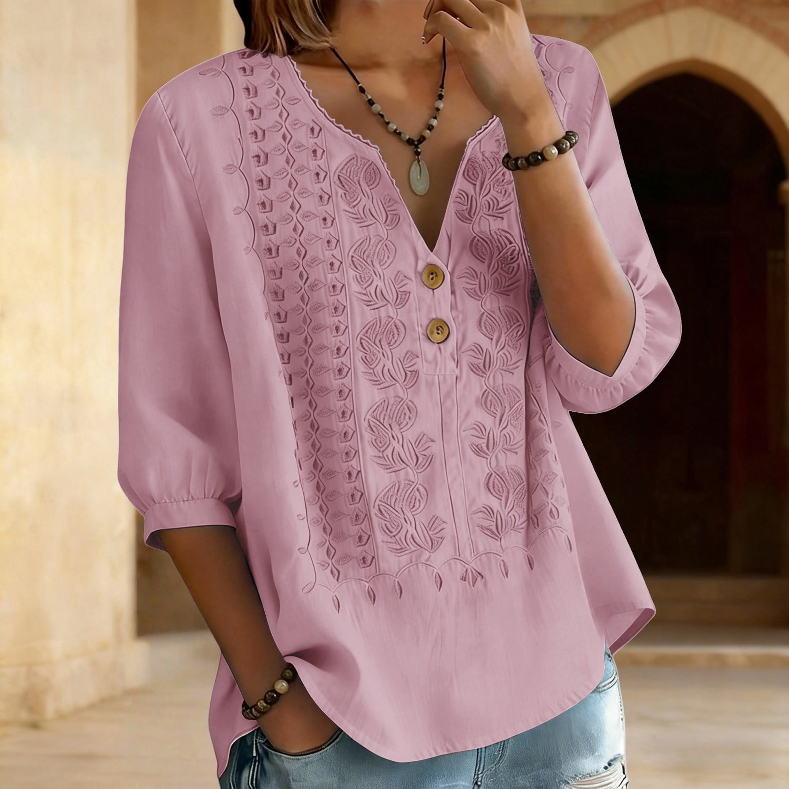 Womens Tops Solid Color Cotton Linen Embroidered T Shirt Casual