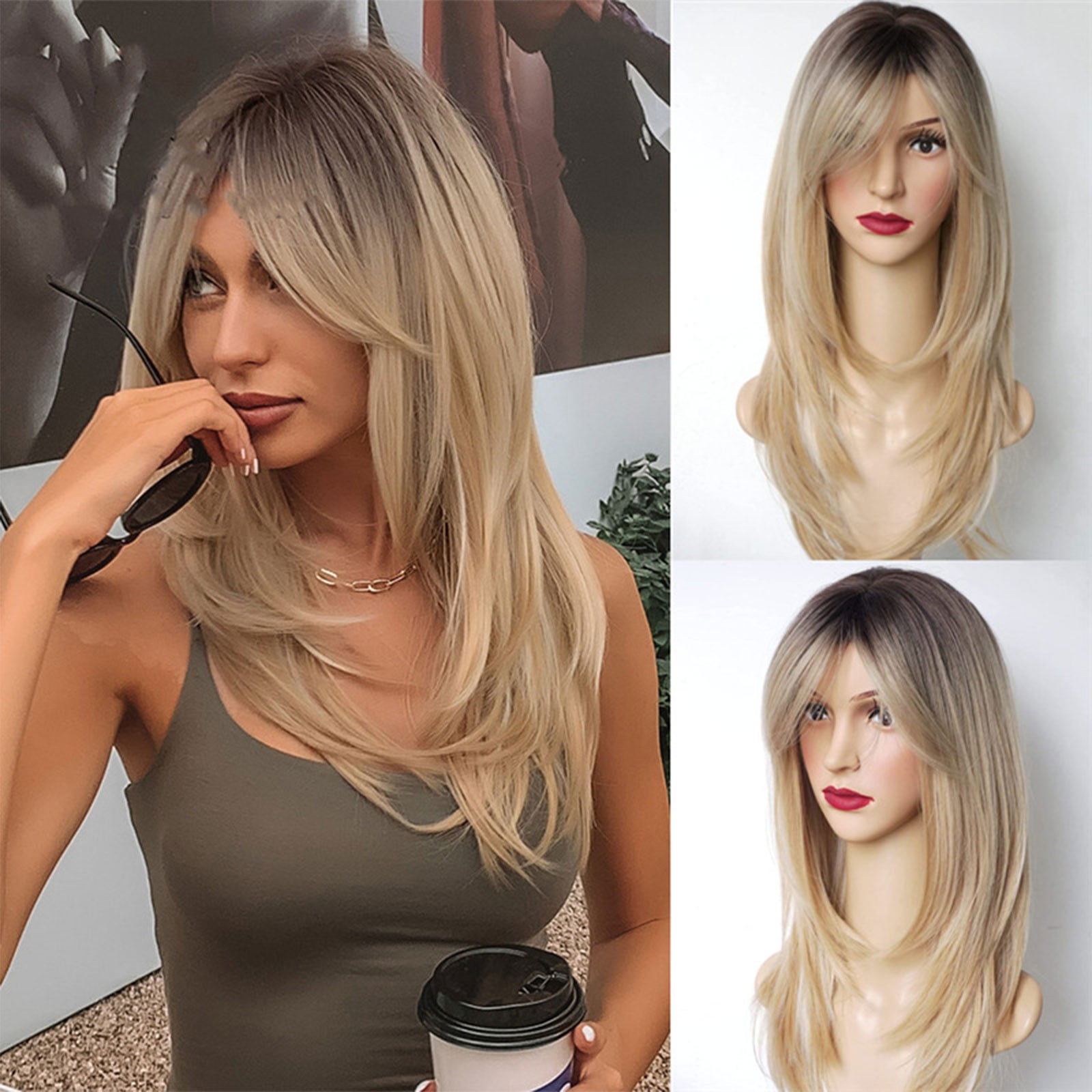 Cptfadh European And American Intellectual Wig Golden Color Mixed Color Headgear Eight Character Bangs Medium Long Texture Straight Hair Wig