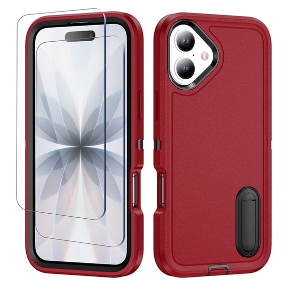 For iPhone 17 Case,Military Grade Dual Layer Cover,With 2X Screen Glass Protector Film,Kickstand Dustproof Drop Proof Protective Phone Case Shell for iPhone 17 6.3"(Red/Black)