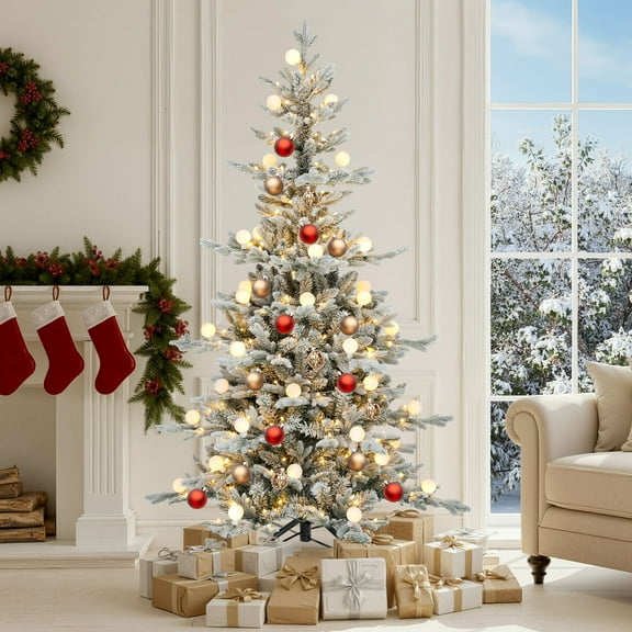 Dextrus 6 ft Pre-lit Flocked Layered Christmas Tree, Hinged Artificial Christmas Tree with 1338 PE&PVC Tips & 270 Lights,11 Light Modes, Remote Control, White Flocked