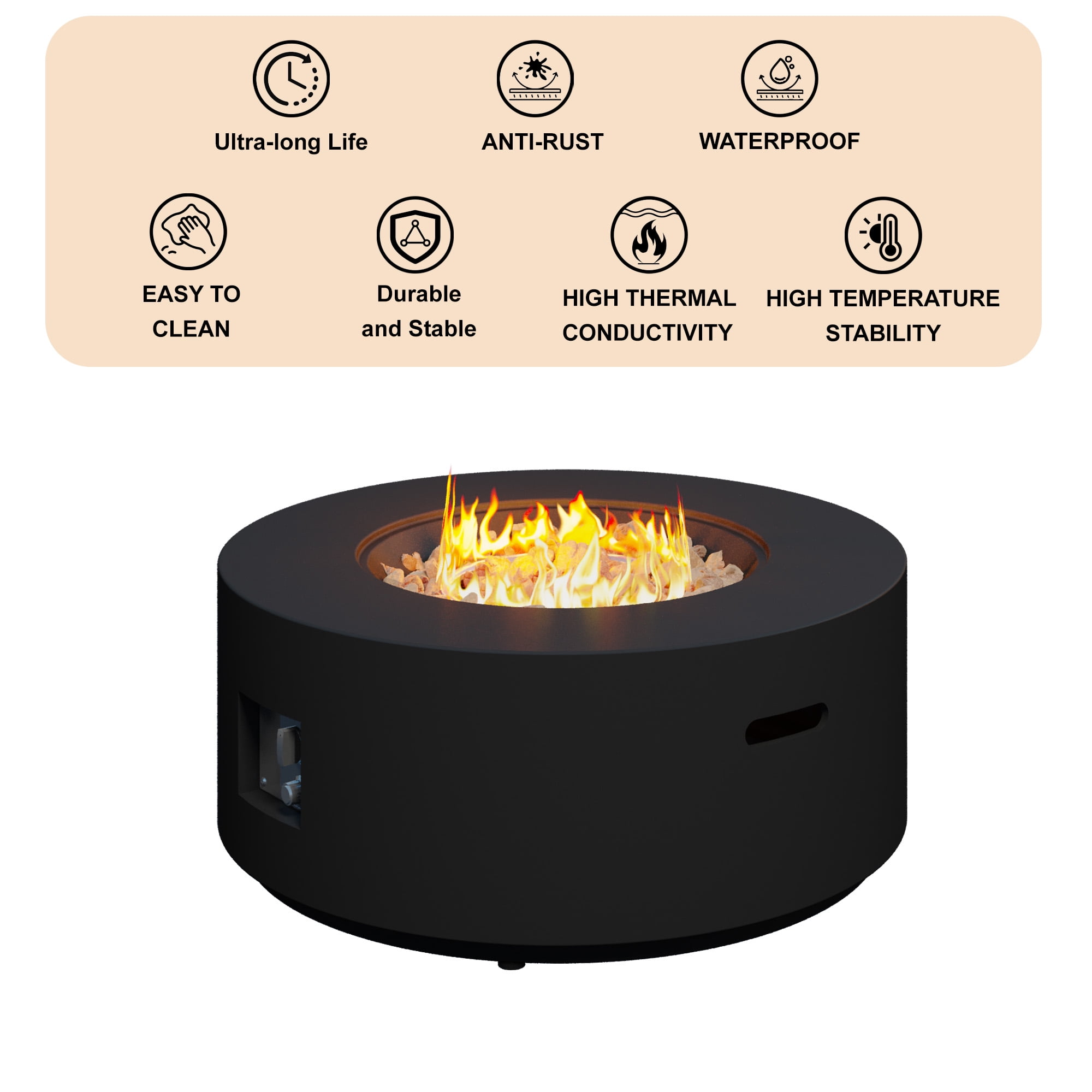 HongTaoK 32.5" Round Propane Fire Pit Black 50K BTU with Lava Rocks, and Eco-friendly, Black
