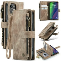 Compatible with iPhone 13 Mini Wallet Case with Card Holder【RFID Blocking】 Zipper, for iPhone 13 Mini Phone Case Wallet Wristlet Durable PU Leather Magnetic Flip Folio Cover for Women and Men, Brown