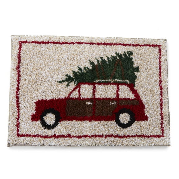 Christmas Bath Rug Retro Red Car Design Non-Skid Back, 20 x 30 inches, Multi