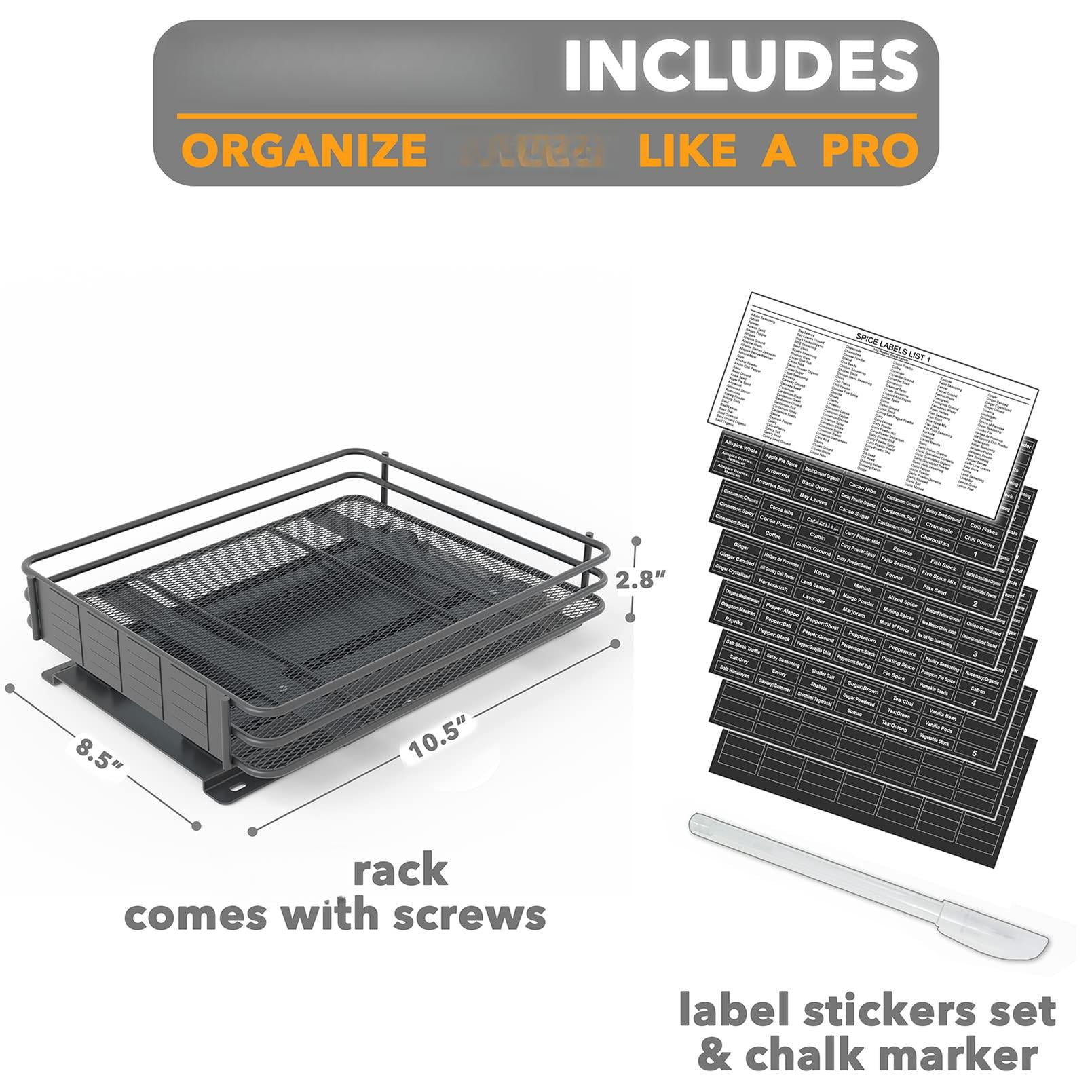 Pull Out Spice Rack Organizer For Cabinet  Heavy Duty Slide Seasoning Kitchen With Labels And Chalk Marker 8.5" W X10.75 D X2.5 H 1 Drawer 1-tier