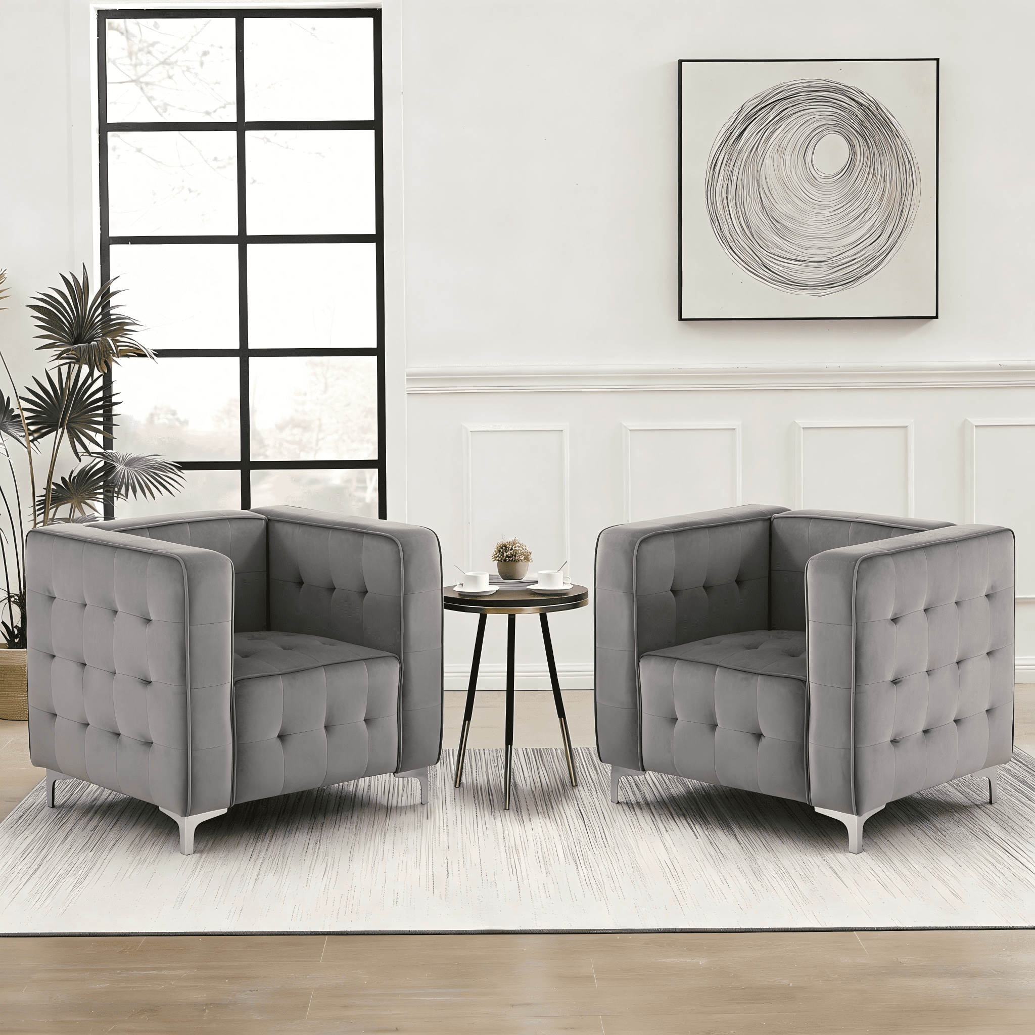 Gewnee 36.22" Velvet Tufted Accent Chair Solid Wood Frame for Living Room Dark Grey