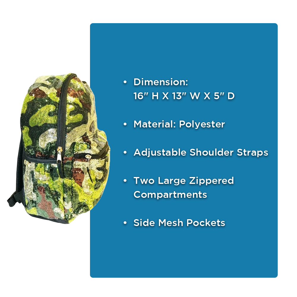 Camo Sequin Backpack Deluxe School Bag or Travel Backpack 16 inches - image 2 of 8