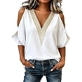 thumbnail image 2 of YVNAURA Women Lace Cold Shoulder Blouse V Neck Hollow Out Summer Tops 2026 Trendy Loose Fit Flowy Chiffon Shirt Short Sleeve Dressy Casual Outfits for Women Vacation Party, White,L, 2 of 7