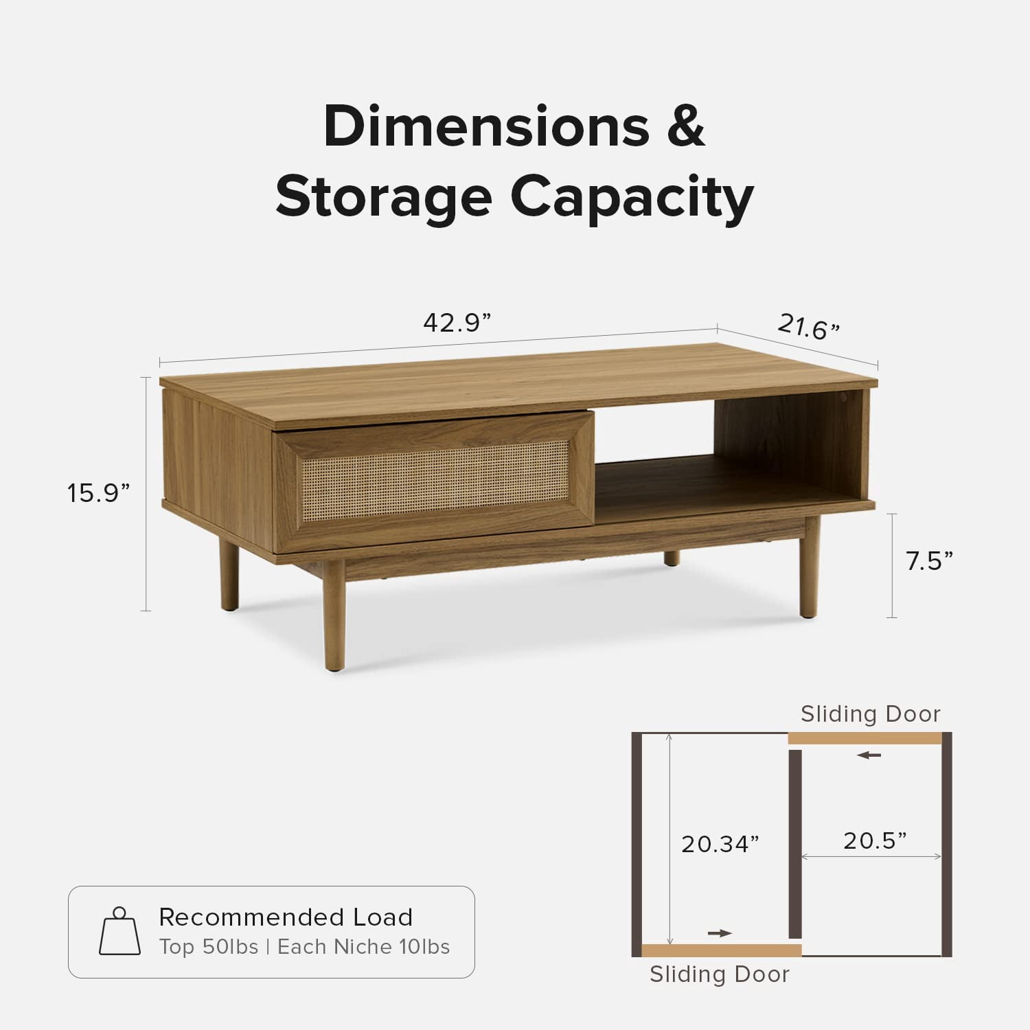 mopio Haylee Coffee Table, Modern Boho Farmhouse Natural Rattan Living Room Small Center Coffee Table with Storage (Oak)