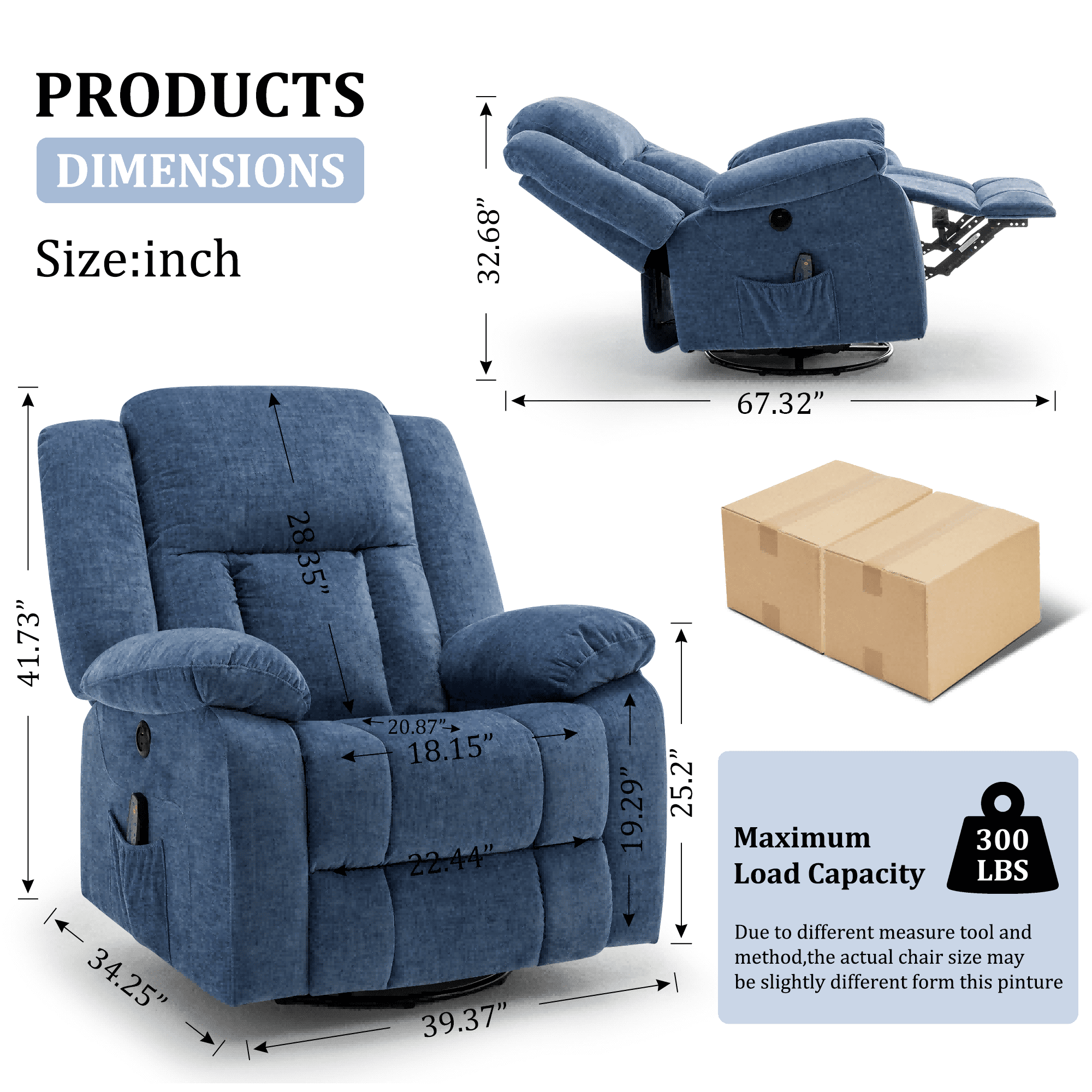 Korser Massage Swivel Rocker Recliner Chair with USB Ports Chenille for Living Room,Blue