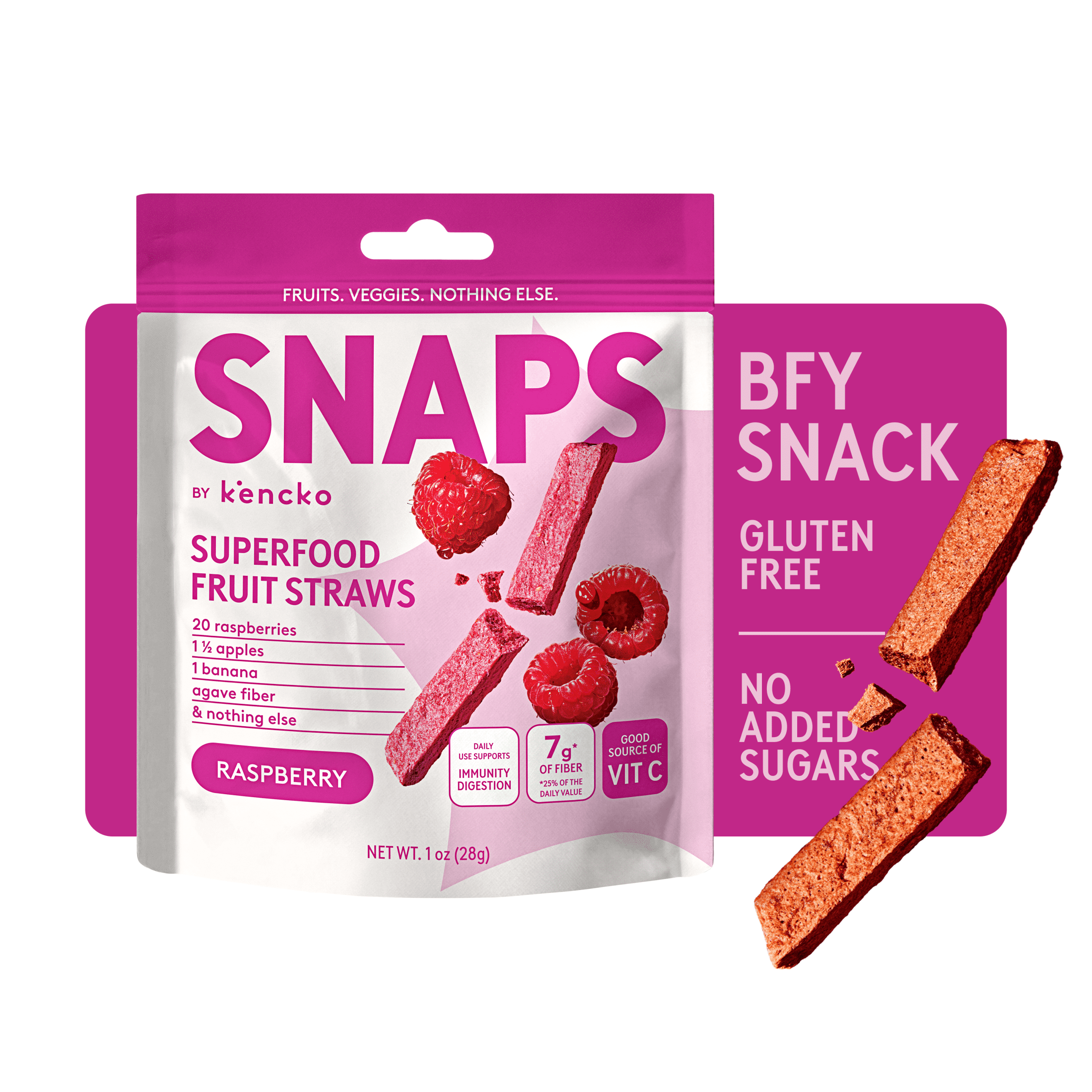 Kencko Raspberry Snaps, Superfood Fruit Straws, 1 oz Resealable