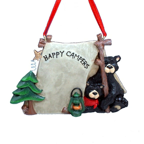 1 X FLATBACK "HAPPY CAMPERS" TWO BLACK BEARS IN TENT ORNAMENT - Christmas Ornament
