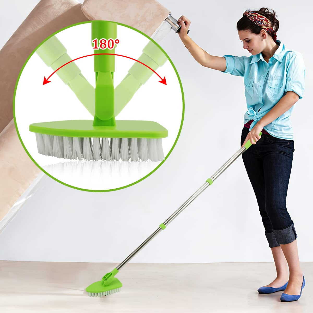  Tenzda 2 in 1 Scrub Cleaning Brush with Long Handle  46''，Extendable Tub & Tile Scrubber with 1 Stiff Bristle and 3 Sponge  Brushes for Cleaning Bathroom Shower Bathtub Glass Tile Floor 