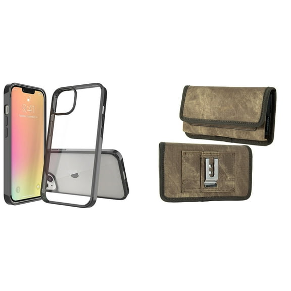 Bemz Case and Pouch Bundle for iPhone 14 Pro Max: Fusion Protector Slim Case (Black/Clear) and Rugged Denim Nylon Belt Holster (Tan Brown)