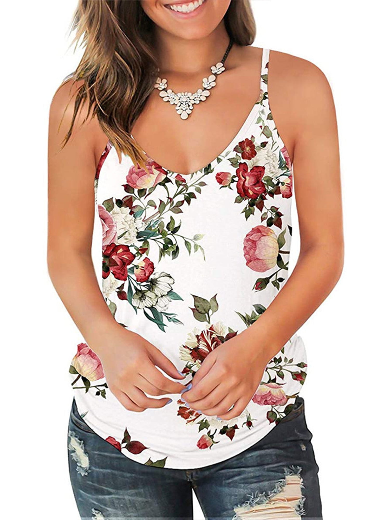 Womens V Neck Floral Printed Tank Tops Ladies Summer Loose Fit Vest T-shirt Tee