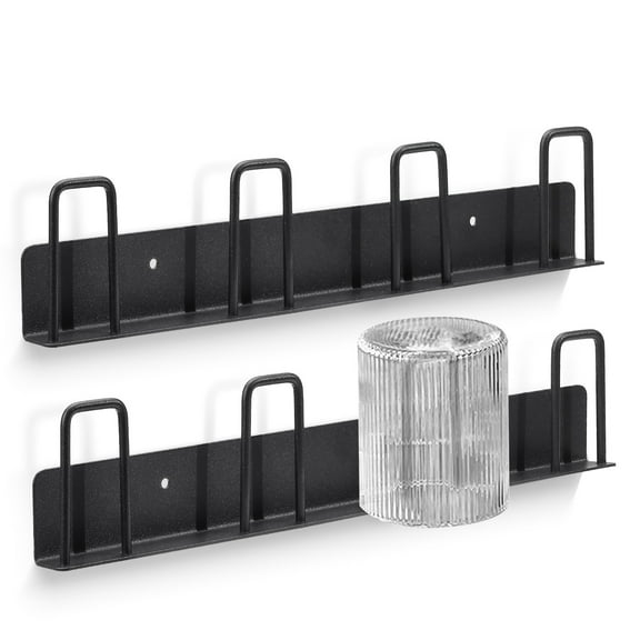 Set of 2 Wall Mounted Mug Rack with 8 Hooks, No Drilling Coffee Cup Holder, Metal Adhesive Mug Wall Rack Hanger Cup Storage Organizer for Kitchen Office Bar Display Accessories (Black)