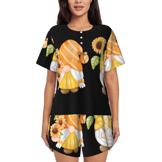Balery Sunflower Gnomes 5 Conjunto de Pijama para Mujer con Estampado, Dos Piezas de Manga Corta y Shorts, Ropa de Dormir Suave con Cuello Redondo y Bolsillos-4X-Large