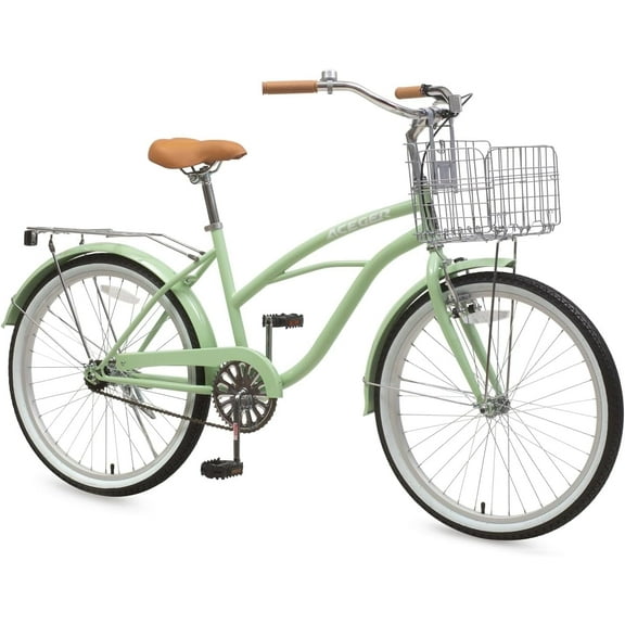 ACEGER 24 inch woman cruiser bike single speed bicycle with rattan basket and rear rack, Green