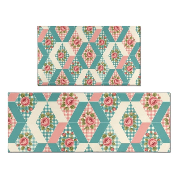 Pioneer Flower Floral Print Pattern Kitchen Rugs Sets Of 2, Anti Fatigue Non Slip Washable Floor Mats for Kitchen Sink Laundry, 17X30 Inch   17X47 Inch