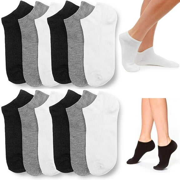 12 Pairs Womens Ankle Socks Low Cut  Fit Crew Size 9-11 Sport Black White Grey