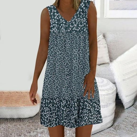 Sakmal Loose Fit Summer Dresses for Women Under $10 Floral Boho Comfort Fit Blue Sleeveless Mid-Length Shift Dress