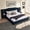 Dark Blue, variant on Noble House Neville 118" King Size Upholstered Bed Frame, Velvet Vertical Stripe Platform Bed with Lights, Black