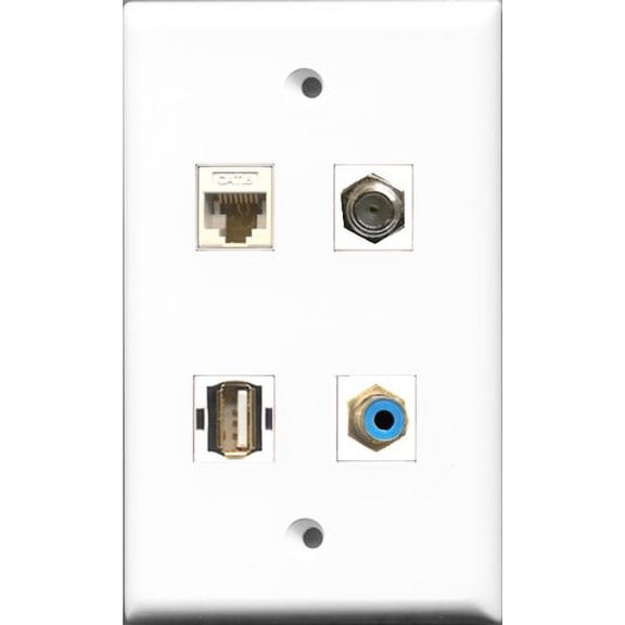 RiteAV 1 Port RCA Blue and 1 Port Coax Cable TV- F-Type and 1 Port USB A-A and 1 Port Cat6 Ethernet White Wall Plate