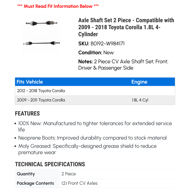 CV Axle Front Passenger Side For 2009-2018 Toyota Corolla 1.8L – Half Shaft Assembly With ABS