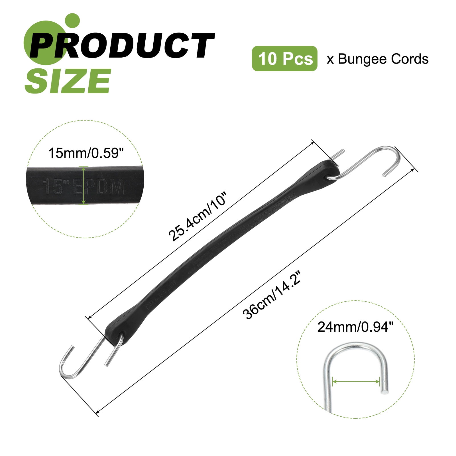 10Pack 10" Bungee Cords with Hooks for Securing Tarps Cargo Trucks Canvases Black
