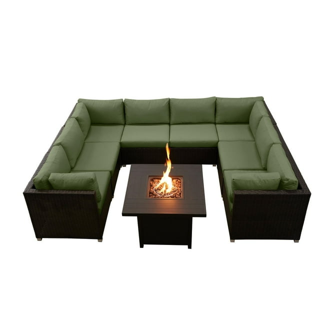 Innesbrook Collection Ensemble de conversation de patio en aluminium 9 pièces avec coussins verts et table à feu carrée