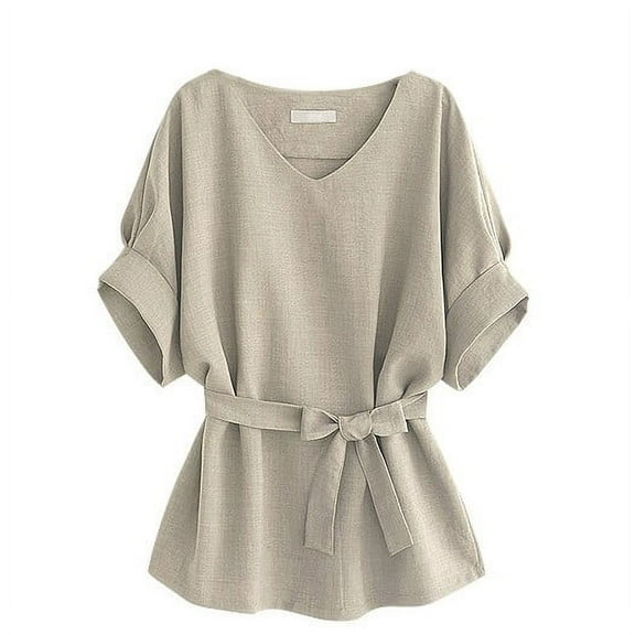 Shirts For Women V Neck Cotton And Linen Short Sleeved Shirt Bat Sleeves Large Size Loose Waisted Cotton And Linen Top N Womens Tops