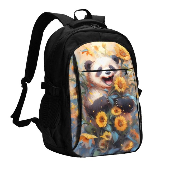 Easygdp Elegant Cute Panda Sunflower Mochila para Laptop de Viaje con Puerto USB, Mochila para Laptop con Puerto de Carga USB para Mujeres y Hombres