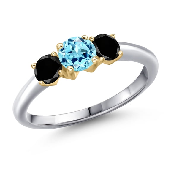 Gem Stone King 10K Two Tone Gold Blue Apatite and Black Diamond Engagement Ring for Women | 1.04 Cttw | Round 5MM | Gemstone Birthstone | Size 8